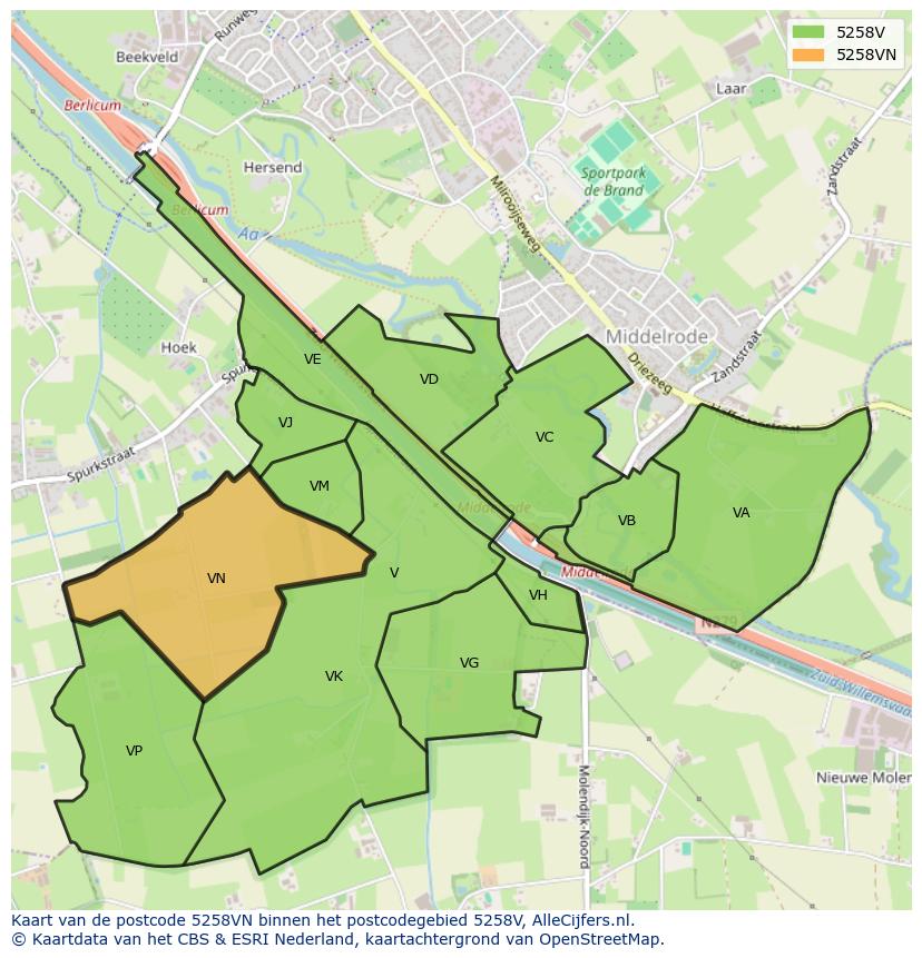 Afbeelding van het postcodegebied 5258 VN op de kaart.