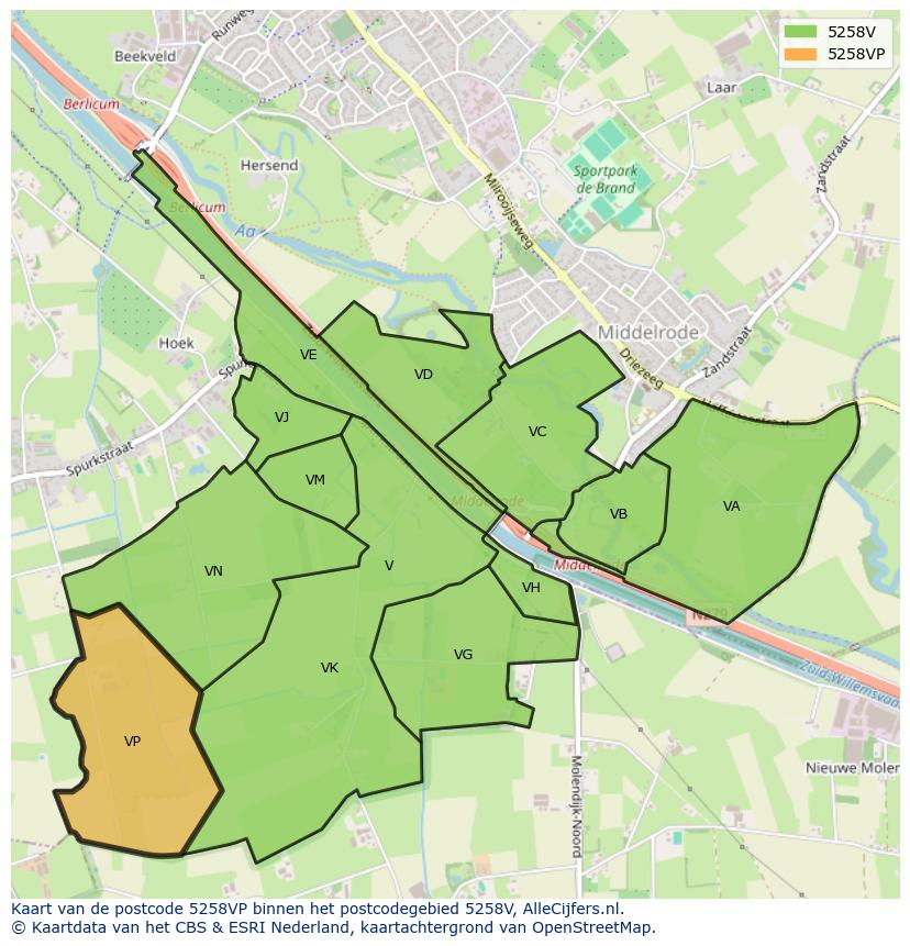 Afbeelding van het postcodegebied 5258 VP op de kaart.