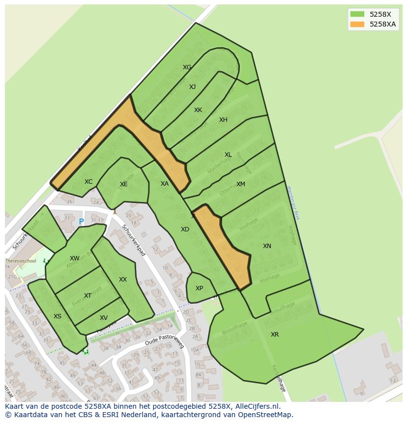 Afbeelding van het postcodegebied 5258 XA op de kaart.