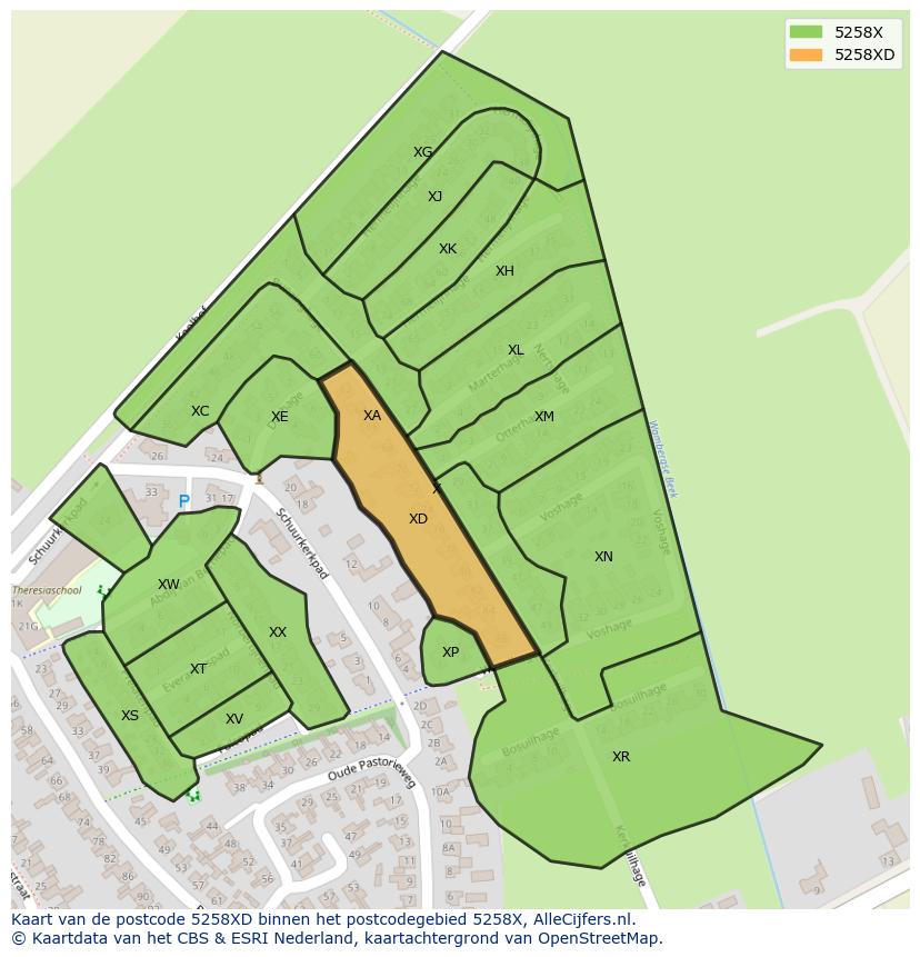 Afbeelding van het postcodegebied 5258 XD op de kaart.