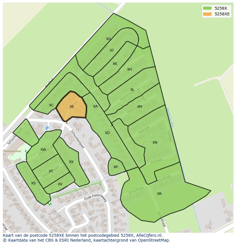 Afbeelding van het postcodegebied 5258 XE op de kaart.