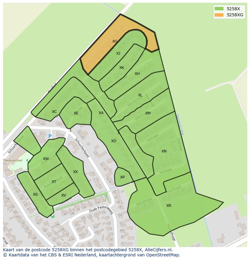 Afbeelding van het postcodegebied 5258 XG op de kaart.