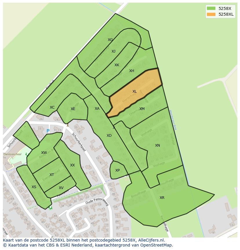 Afbeelding van het postcodegebied 5258 XL op de kaart.