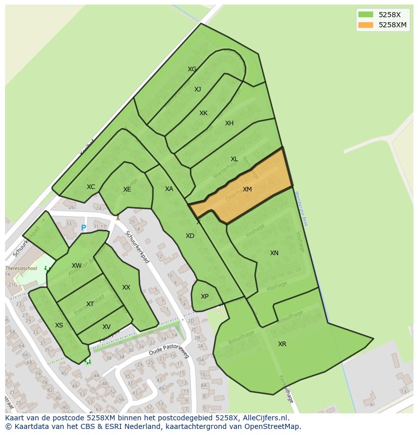 Afbeelding van het postcodegebied 5258 XM op de kaart.