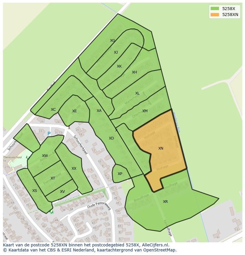 Afbeelding van het postcodegebied 5258 XN op de kaart.
