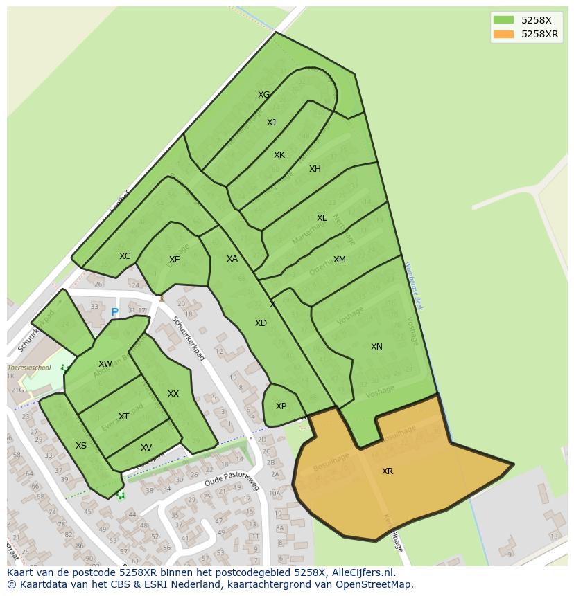 Afbeelding van het postcodegebied 5258 XR op de kaart.