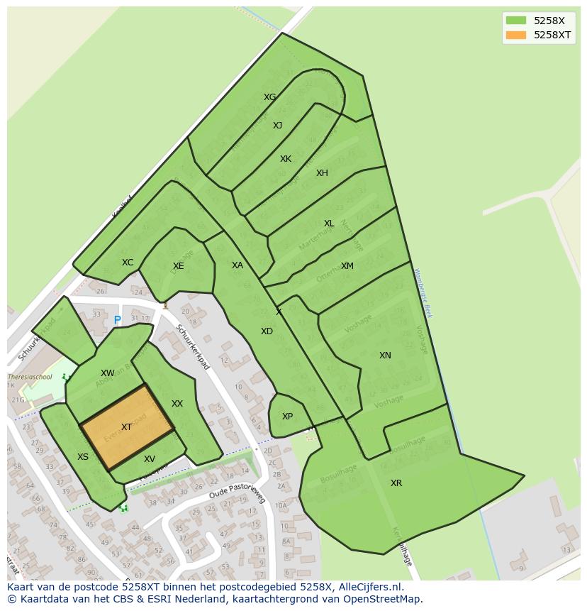 Afbeelding van het postcodegebied 5258 XT op de kaart.