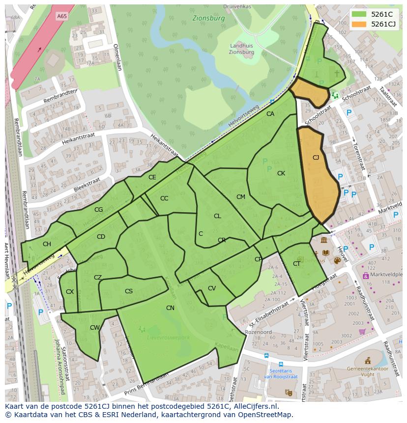 Afbeelding van het postcodegebied 5261 CJ op de kaart.