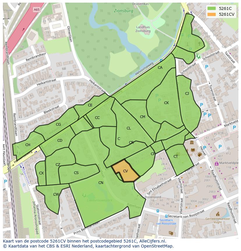 Afbeelding van het postcodegebied 5261 CV op de kaart.
