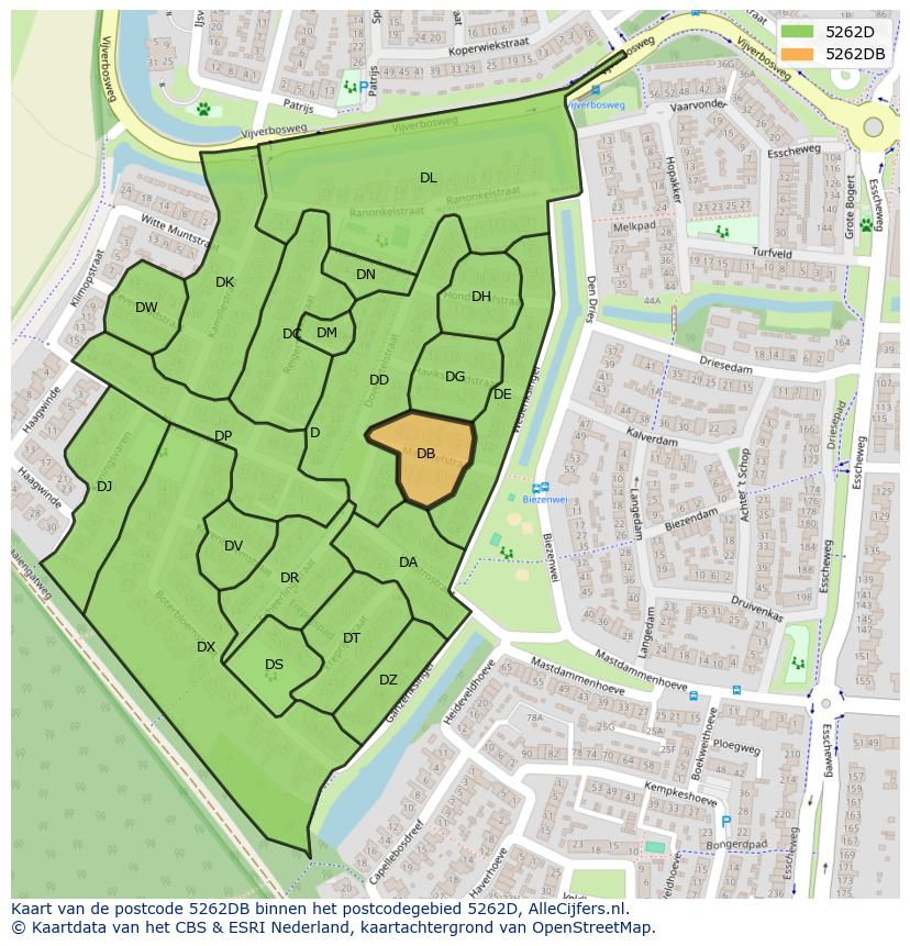 Afbeelding van het postcodegebied 5262 DB op de kaart.