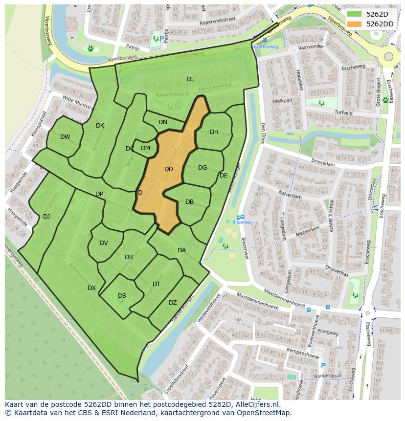 Afbeelding van het postcodegebied 5262 DD op de kaart.