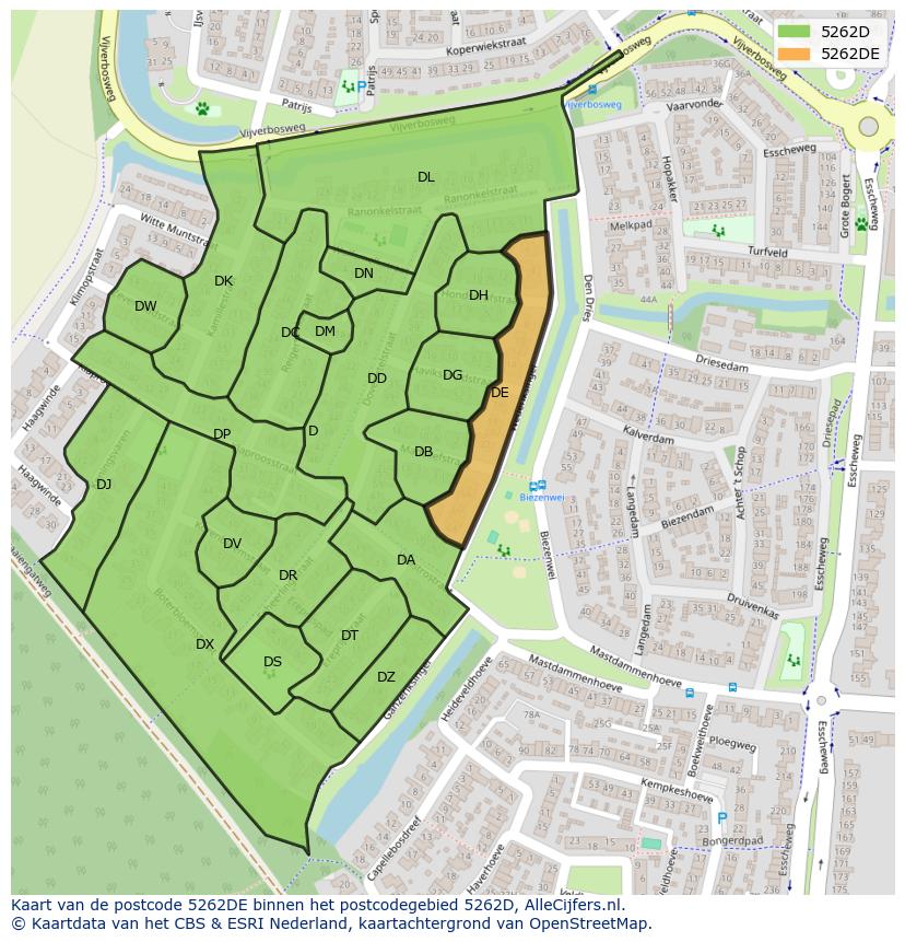 Afbeelding van het postcodegebied 5262 DE op de kaart.