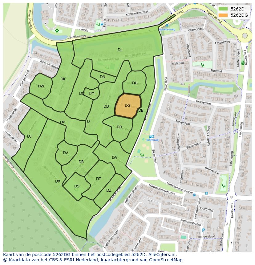 Afbeelding van het postcodegebied 5262 DG op de kaart.