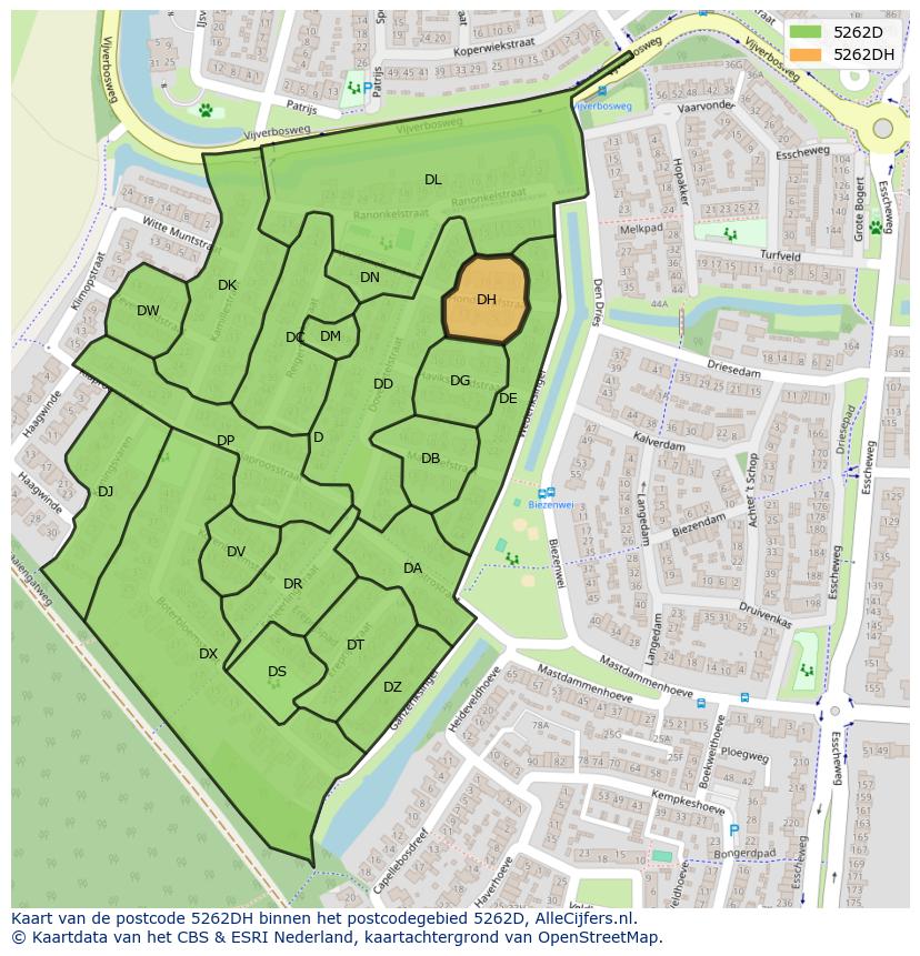 Afbeelding van het postcodegebied 5262 DH op de kaart.