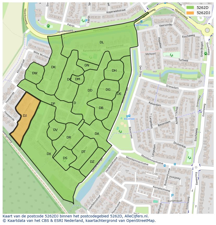 Afbeelding van het postcodegebied 5262 DJ op de kaart.