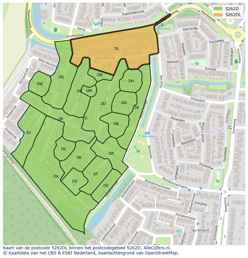 Afbeelding van het postcodegebied 5262 DL op de kaart.