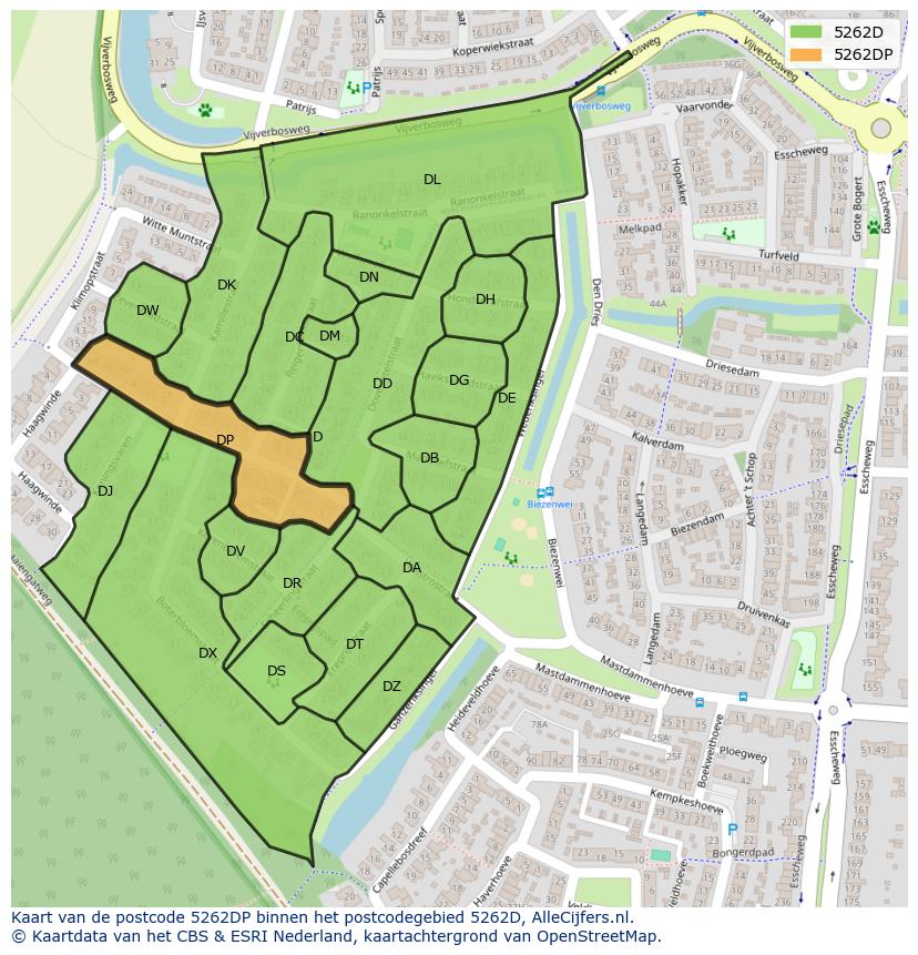 Afbeelding van het postcodegebied 5262 DP op de kaart.