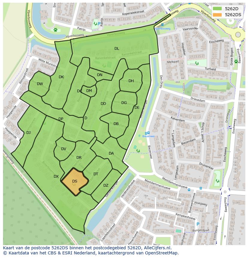 Afbeelding van het postcodegebied 5262 DS op de kaart.