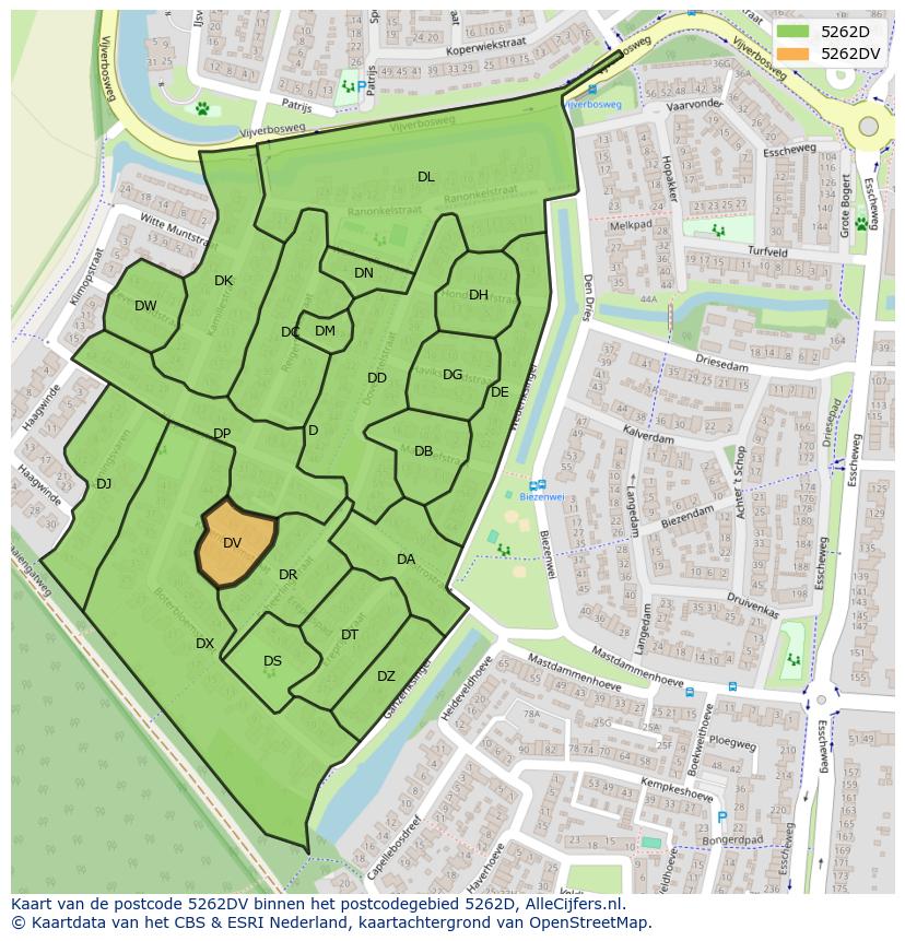 Afbeelding van het postcodegebied 5262 DV op de kaart.