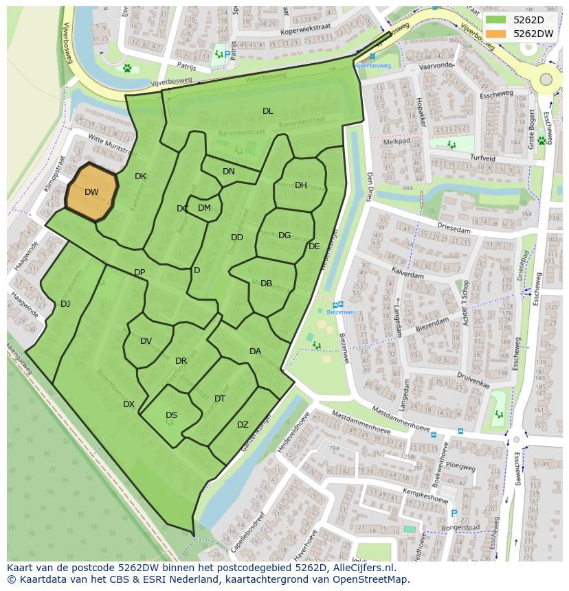 Afbeelding van het postcodegebied 5262 DW op de kaart.
