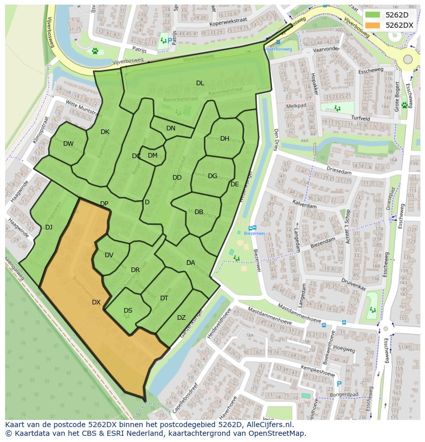 Afbeelding van het postcodegebied 5262 DX op de kaart.