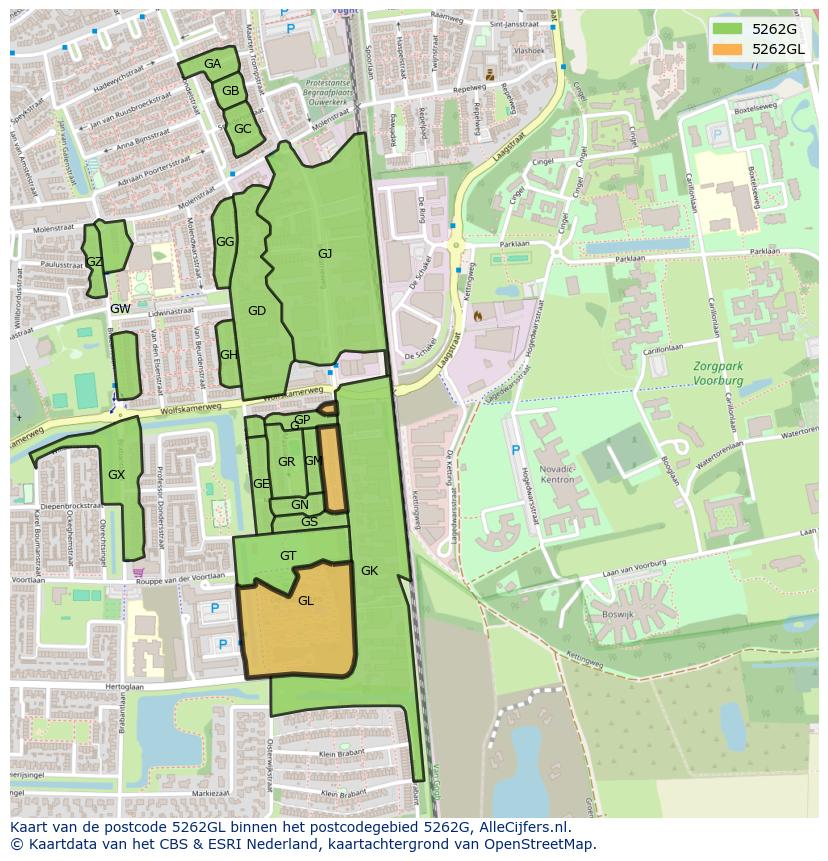 Afbeelding van het postcodegebied 5262 GL op de kaart.