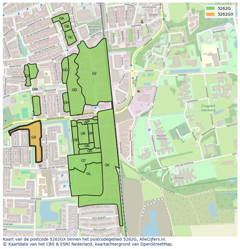Afbeelding van het postcodegebied 5262 GX op de kaart.