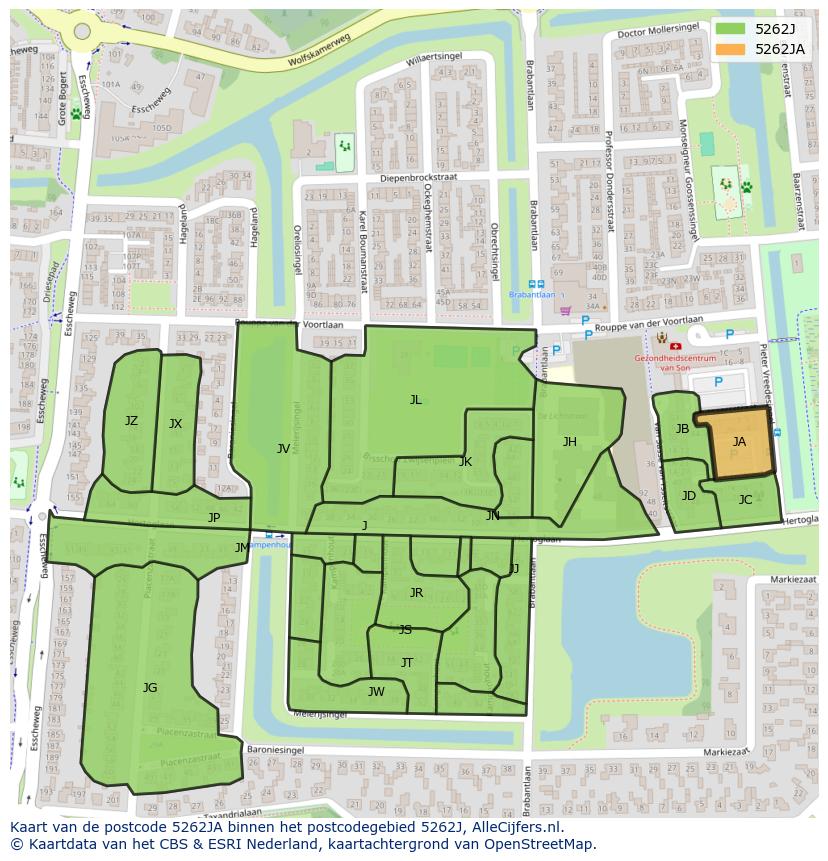 Afbeelding van het postcodegebied 5262 JA op de kaart.