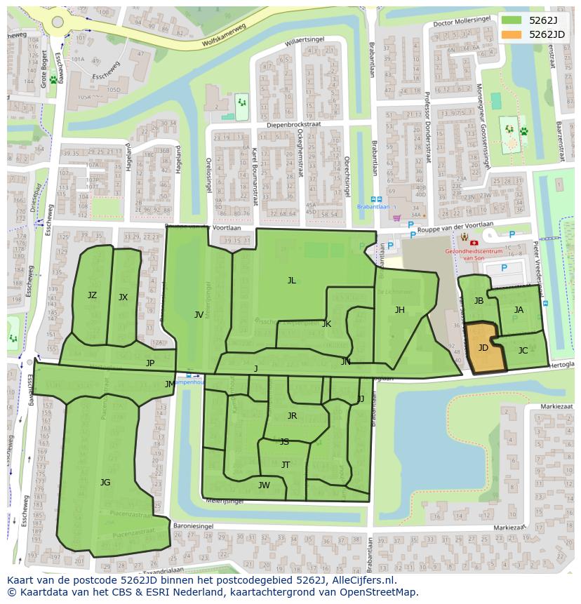Afbeelding van het postcodegebied 5262 JD op de kaart.