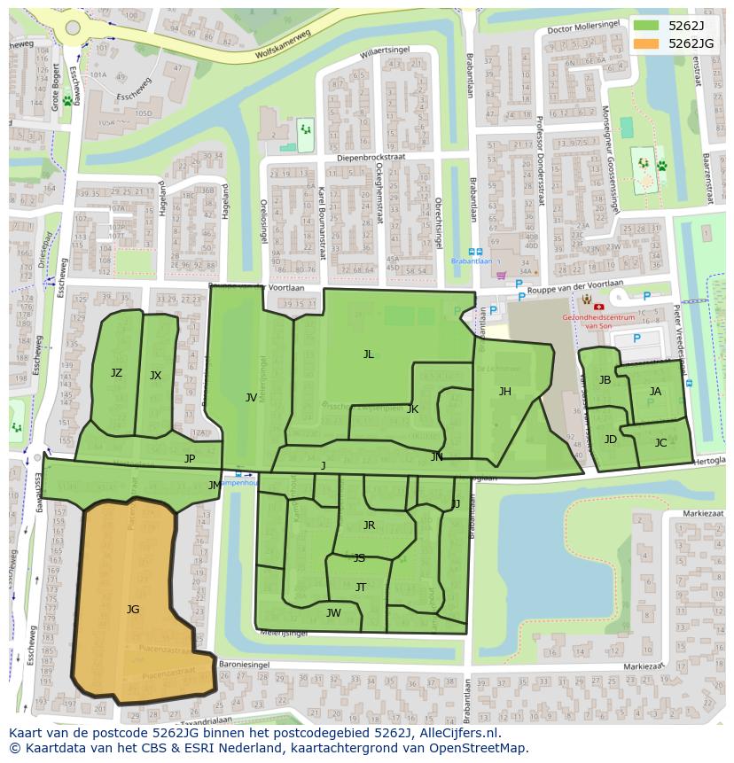 Afbeelding van het postcodegebied 5262 JG op de kaart.