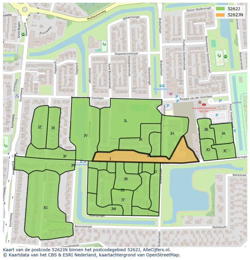 Afbeelding van het postcodegebied 5262 JN op de kaart.
