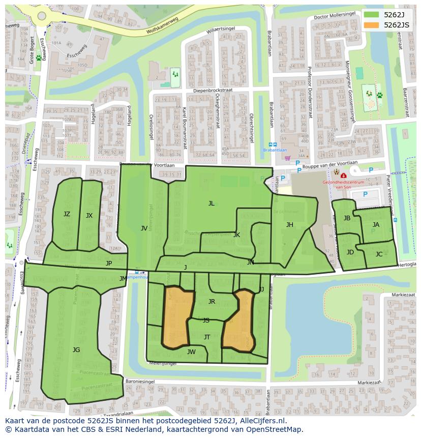 Afbeelding van het postcodegebied 5262 JS op de kaart.