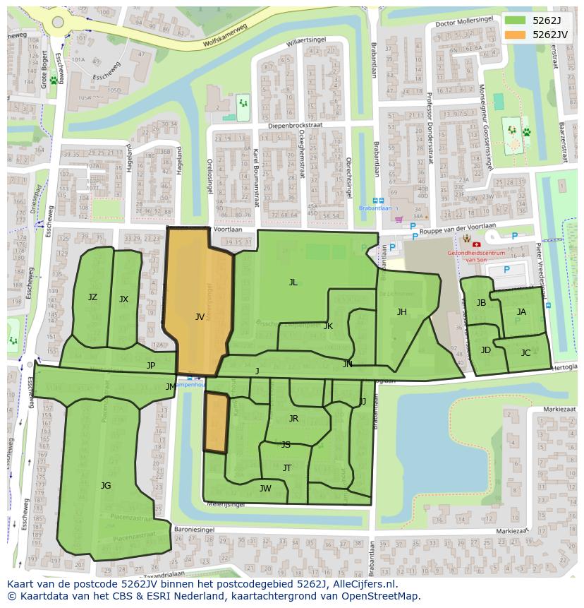 Afbeelding van het postcodegebied 5262 JV op de kaart.