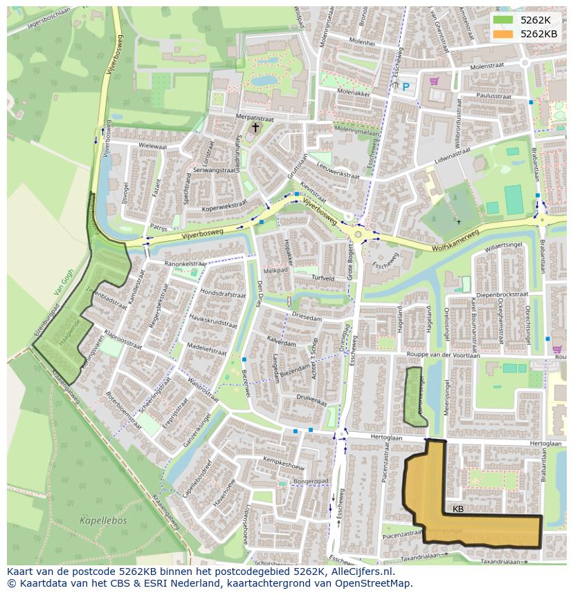 Afbeelding van het postcodegebied 5262 KB op de kaart.
