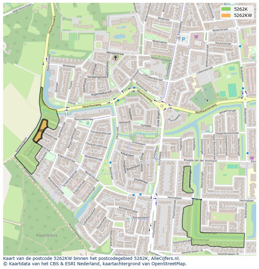 Afbeelding van het postcodegebied 5262 KW op de kaart.