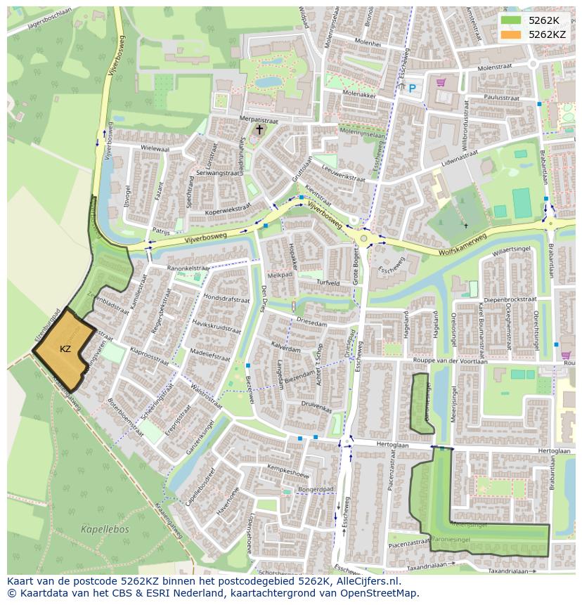 Afbeelding van het postcodegebied 5262 KZ op de kaart.