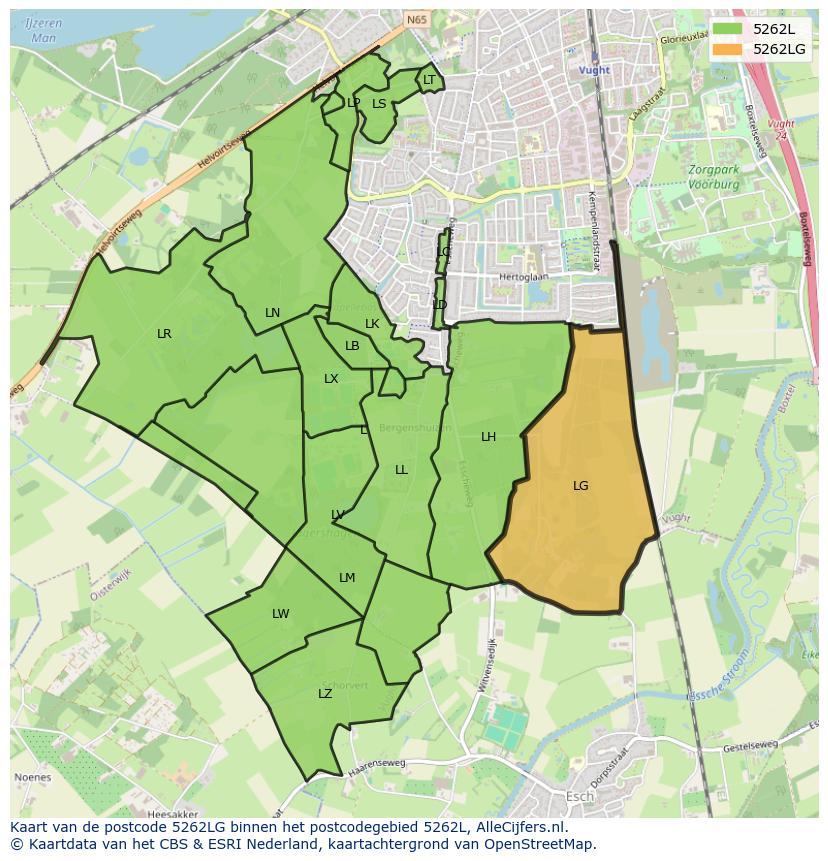 Afbeelding van het postcodegebied 5262 LG op de kaart.