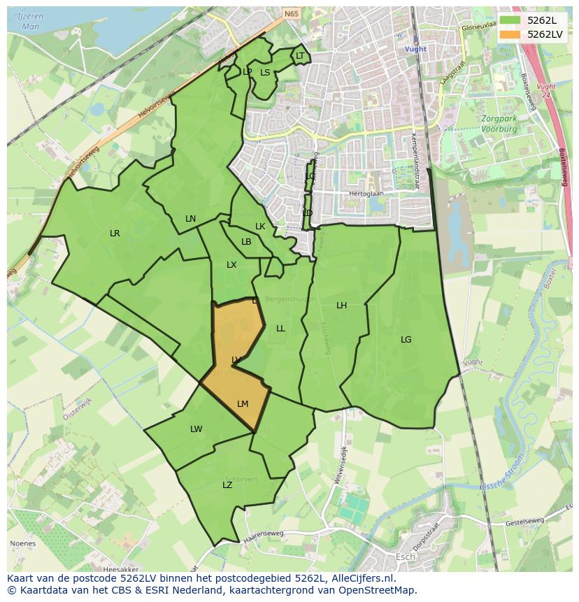 Afbeelding van het postcodegebied 5262 LV op de kaart.