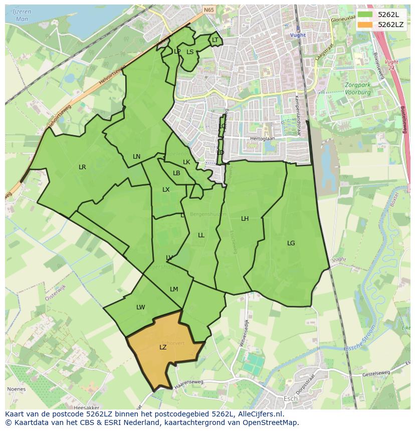 Afbeelding van het postcodegebied 5262 LZ op de kaart.