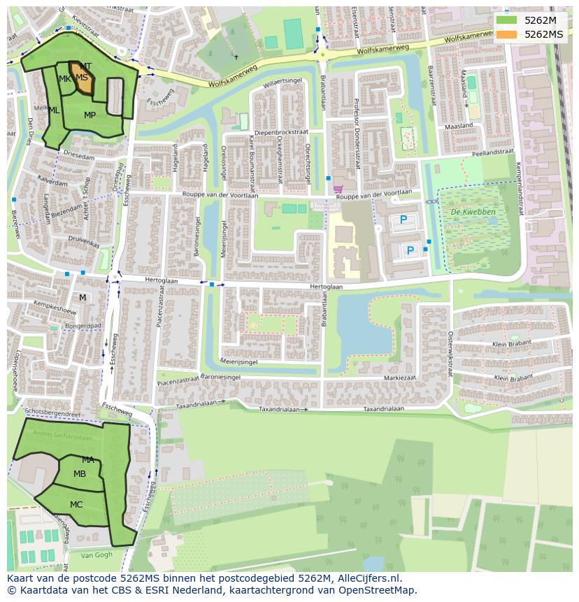 Afbeelding van het postcodegebied 5262 MS op de kaart.