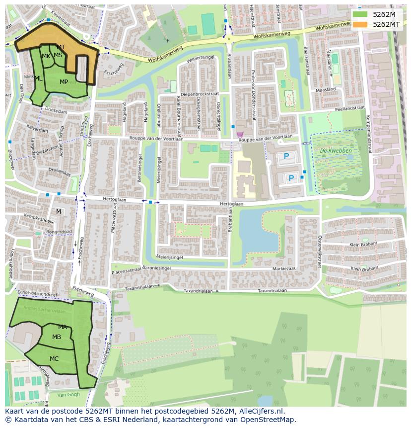 Afbeelding van het postcodegebied 5262 MT op de kaart.