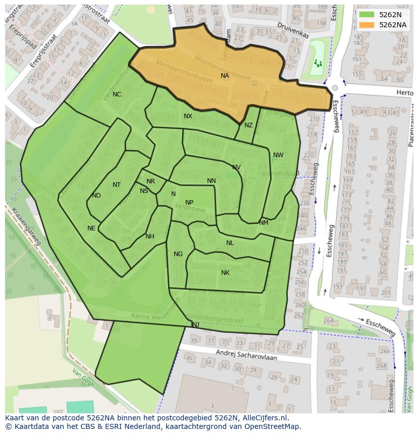 Afbeelding van het postcodegebied 5262 NA op de kaart.