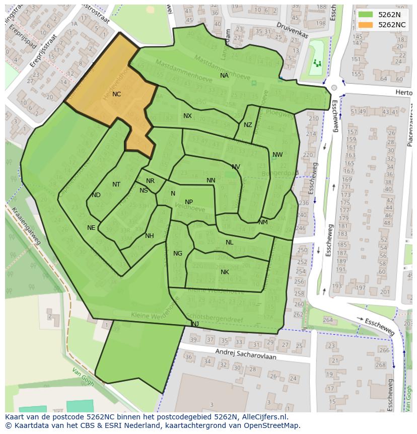 Afbeelding van het postcodegebied 5262 NC op de kaart.