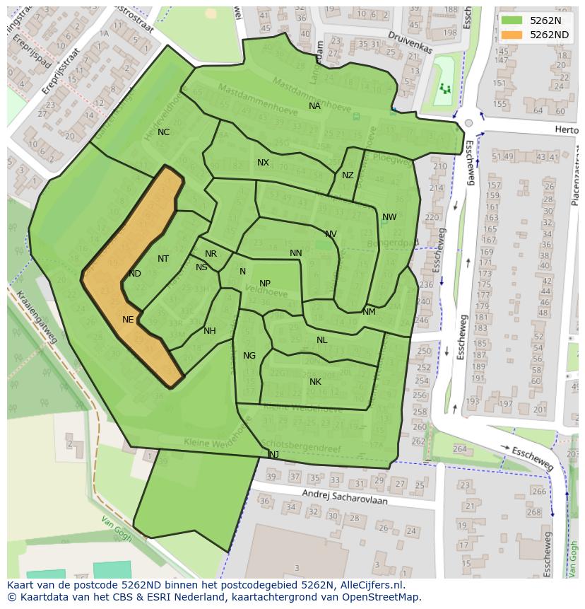 Afbeelding van het postcodegebied 5262 ND op de kaart.