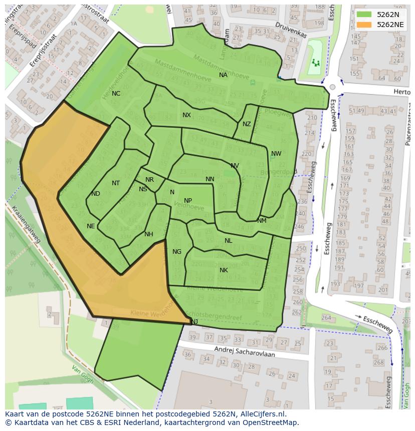 Afbeelding van het postcodegebied 5262 NE op de kaart.