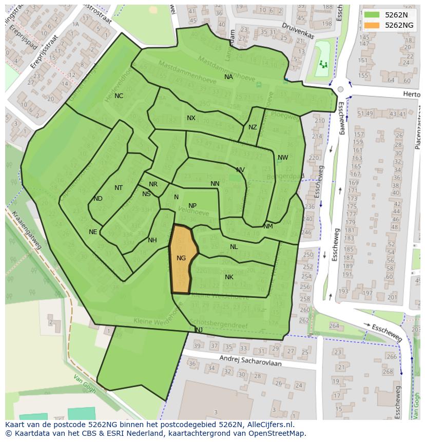 Afbeelding van het postcodegebied 5262 NG op de kaart.