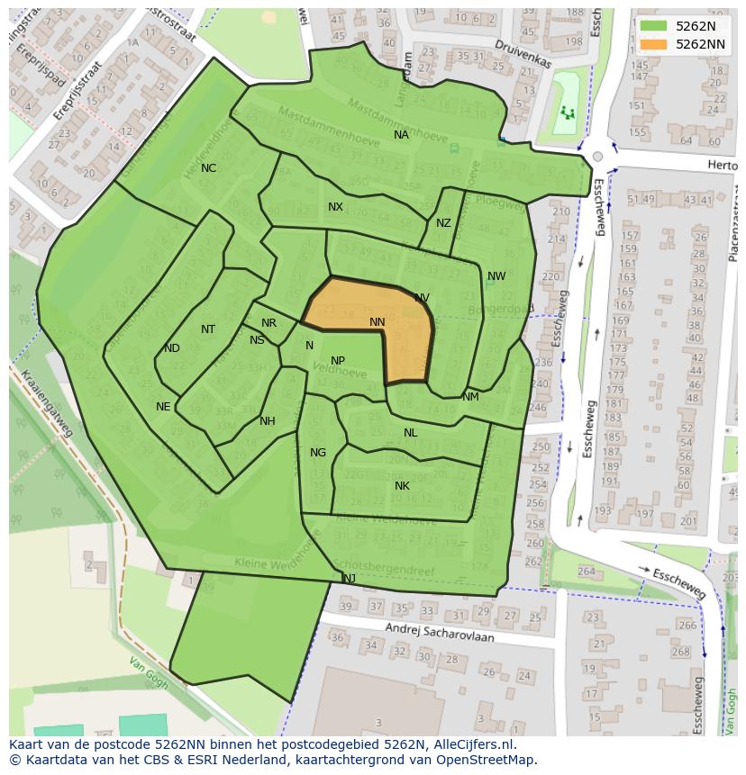 Afbeelding van het postcodegebied 5262 NN op de kaart.