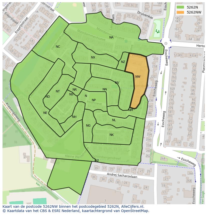 Afbeelding van het postcodegebied 5262 NW op de kaart.