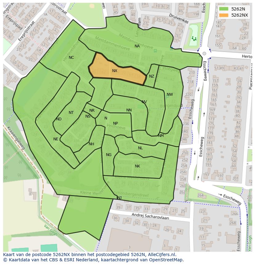 Afbeelding van het postcodegebied 5262 NX op de kaart.