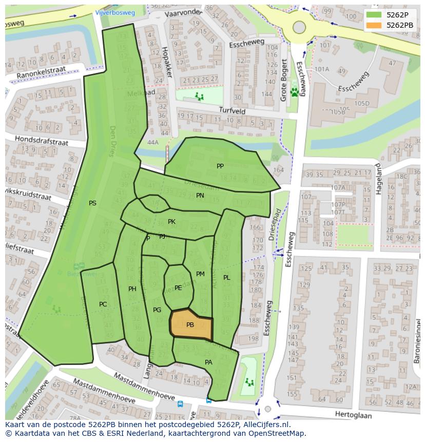 Afbeelding van het postcodegebied 5262 PB op de kaart.